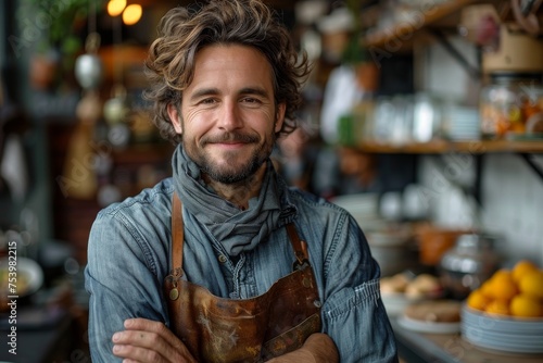Handsome smiling male chef in a denim apron posing in a professional kitchen