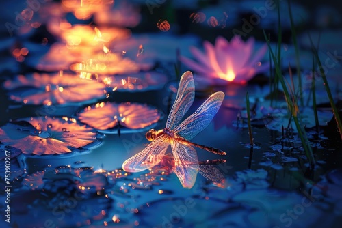 A whimsical dragonfly with glowing wings darting over a mystical pond
