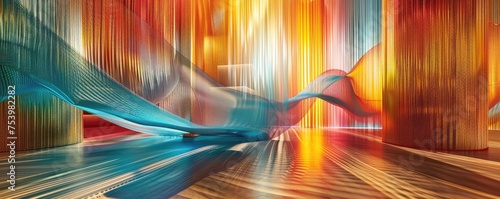 Abstract 3D digital fabric, weaving through a technology-themed space, showcasing the blend of art and tech
