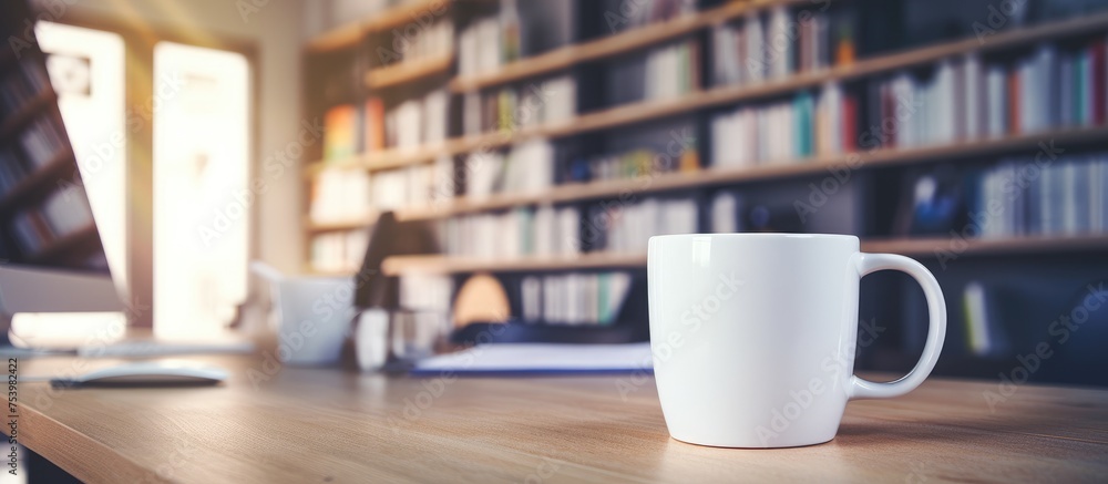 A coffee cup sits on a table, positioned in front of a bookshelf filled with various books and trinkets. The cup is partially filled with steaming liquid, indicating it is still warm. A coffee cup sits on a table, positioned in front of a bookshelf filled with various books and trinkets. The cup is partially filled with steaming liquid, indicating it is still warm.