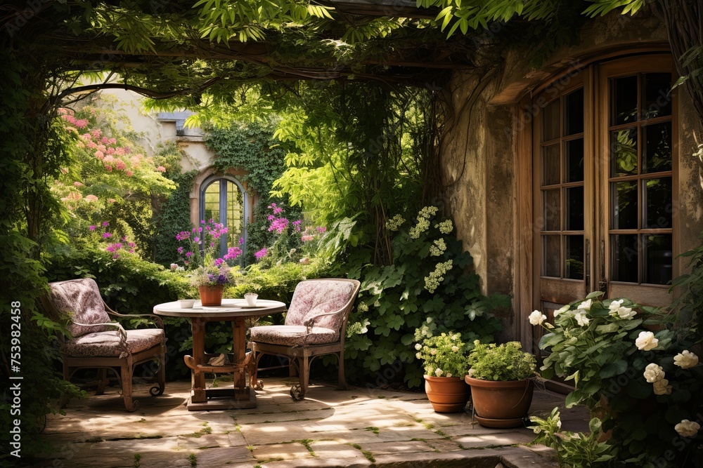 Enchanted Cottage Garden Patio Inspirations: Sun-Dappled Patio with Climbing Ivy Opting