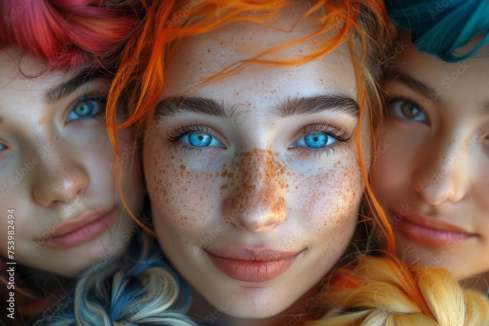 Close-up of three women with vibrant hair colors looking directly into the camera, exuding confidence Close-up of three women with vibrant hair colors looking directly into the camera, exuding confidence
