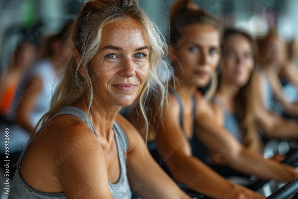 Middle-aged woman smiling warmly during a workout session with a group of women in a gym Middle-aged woman smiling warmly during a workout session with a group of women in a gym