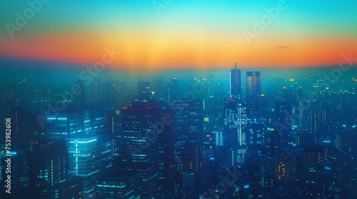 Cerulean blue and tangerine vibrant cityscape at dawn
