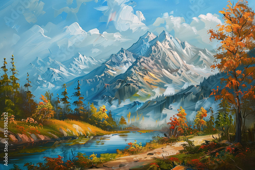Mountains Scenery Landscape Oil Painting  Artwork  Generative AI