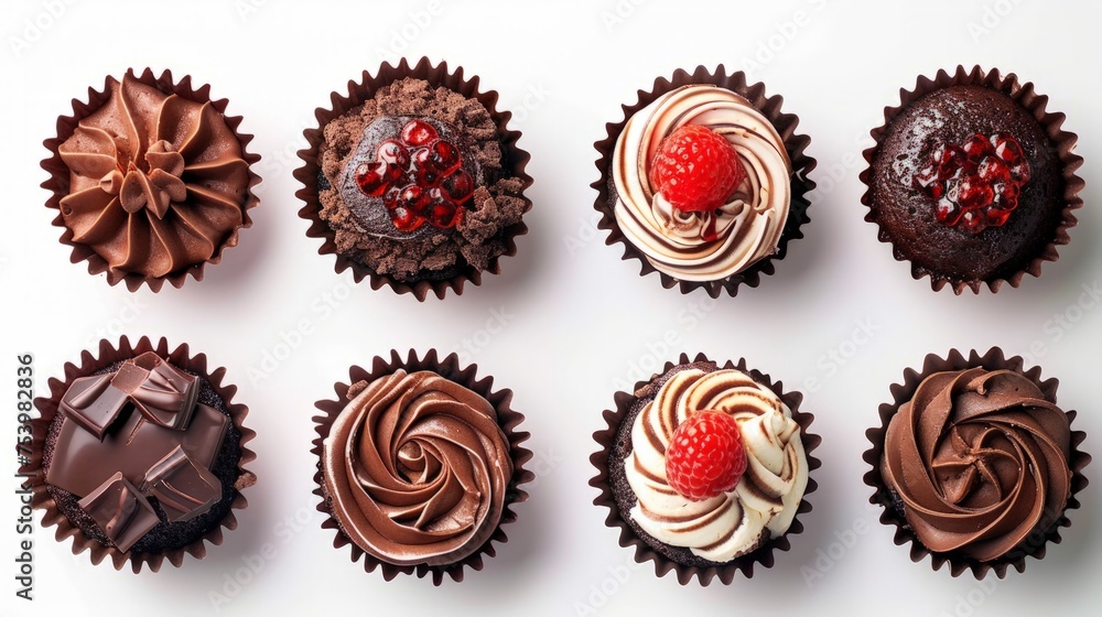 Arrangement of Chocolate Cupcakes, Tartlet, Strawberry Jelly Cheesecake Polka Dot and Dark Chocolate Glazed Meringue isolated on white background. Arrangement of Chocolate Cupcakes, Tartlet, Strawberry Jelly Cheesecake Polka Dot and Dark Chocolate Glazed Meringue isolated on white background.