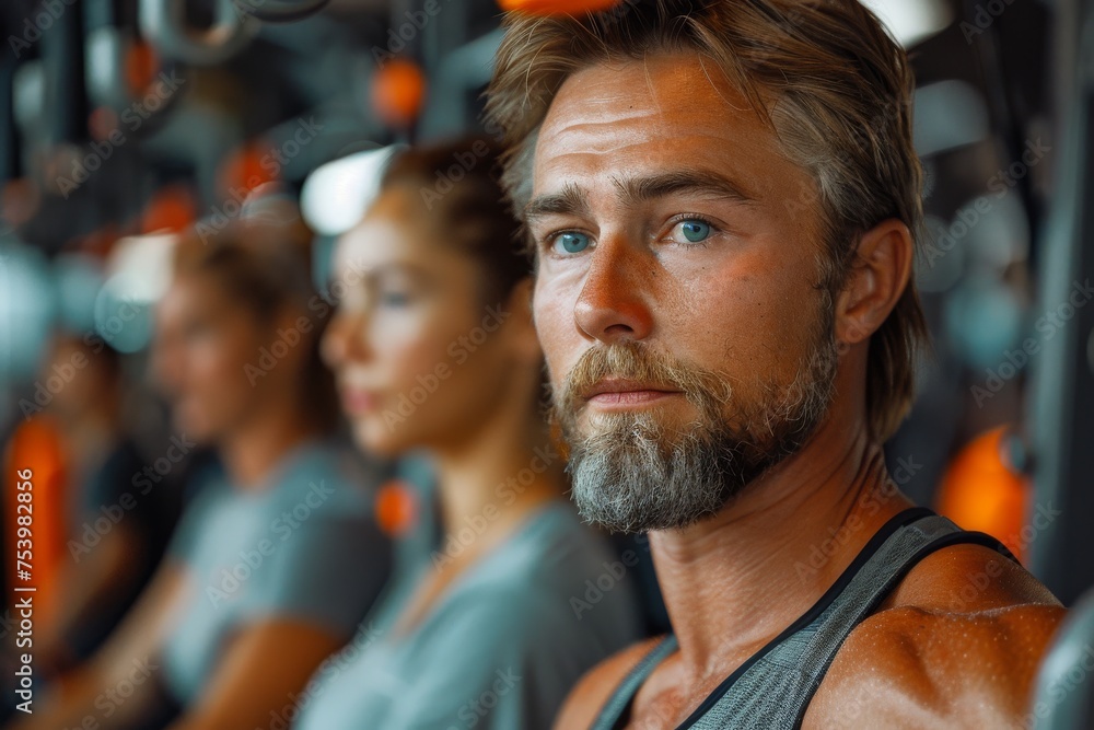 A focused and sweaty man in a tank top gazing intently while working out at a gym A focused and sweaty man in a tank top gazing intently while working out at a gym