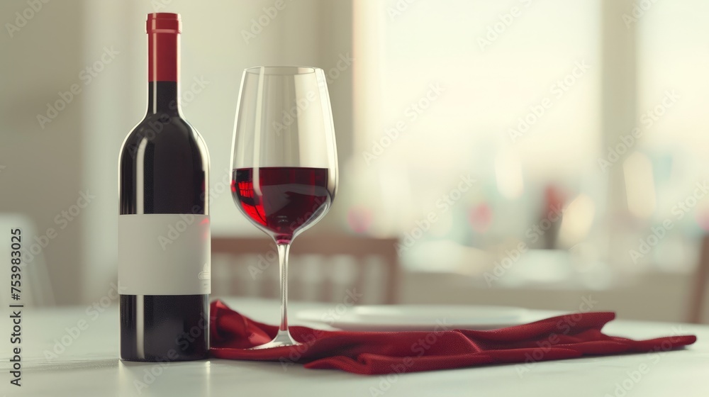 bottle of wine on the white table with the red napkin.