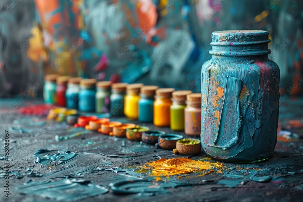 Colorful paint jars in a row against an artistic, textured background with paint smears Colorful paint jars in a row against an artistic, textured background with paint smears