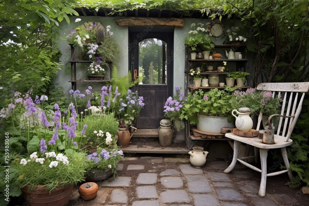 Enchanted Cottage Garden Patio: Herb Garden and Antique Gardening Tools Inspirations