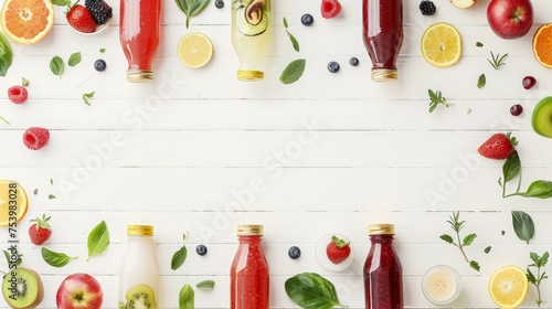 Bottles of Fruits smoothies with various ingredients on white wooden background, top view. photo
