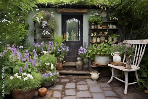 Enchanted Cottage Garden Patio: Herb Garden and Antique Gardening Tools Inspirations