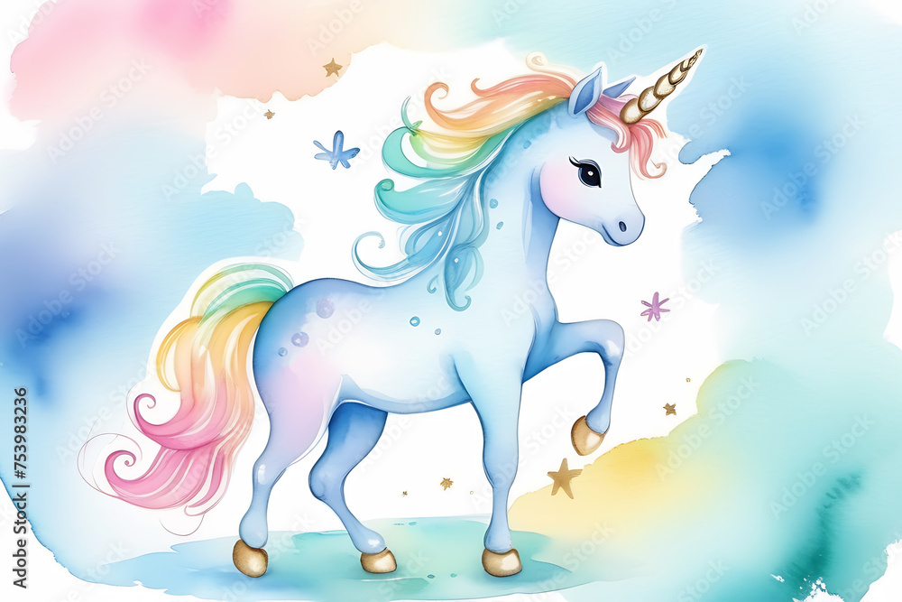 Fototapeta premium Beautiful horse unicorn. Magical unicorn. Fairytale wallpaper, greetings card, print watercolor unicorn.