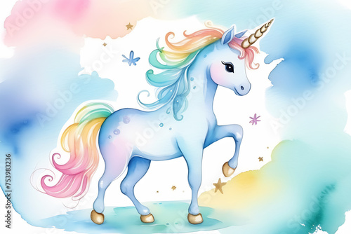 Beautiful horse unicorn. Magical unicorn. Fairytale wallpaper, greetings card, print watercolor unicorn.