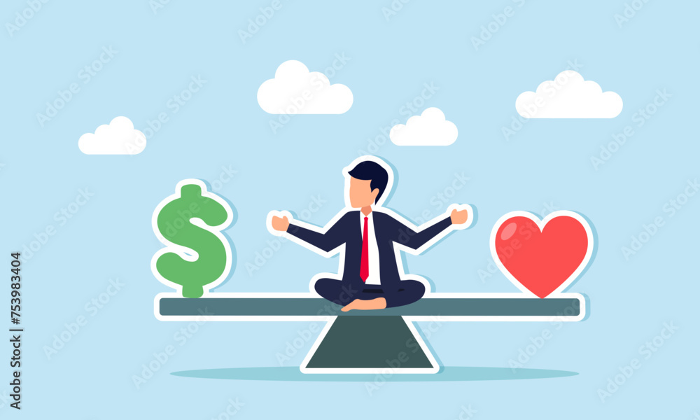 Maintaining work life balance involves balancing career for income with personal time for enjoyment with family or oneself concept, success businessman meditate on seesaw balance with money and heart. Maintaining work life balance involves balancing career for income with personal time for enjoyment with family or oneself concept, success businessman meditate on seesaw balance with money and heart.