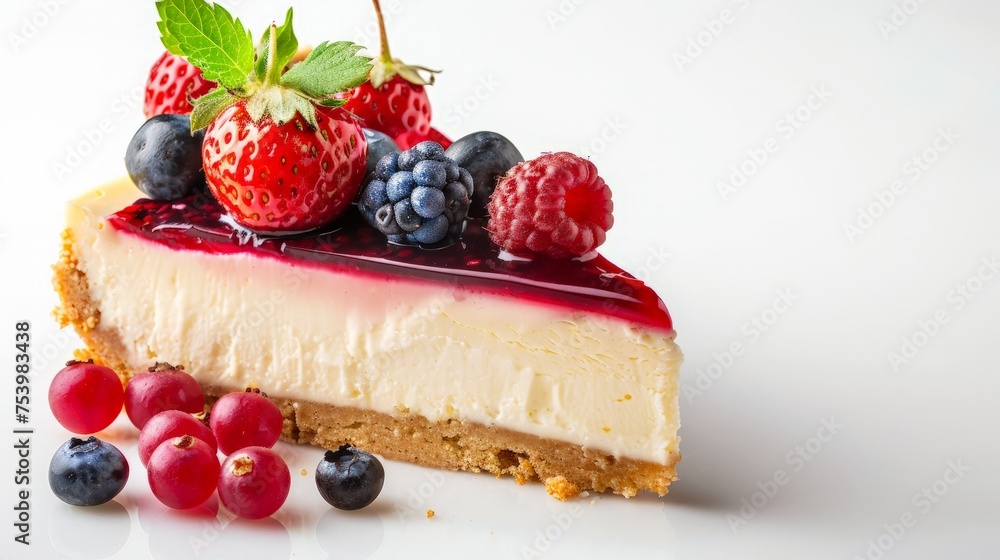 Delicious cheesecake slice with berries on white background Delicious cheesecake slice with berries on white background
