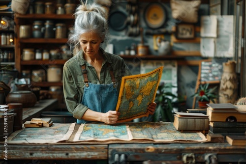 A mature woman examines vintage maps with interest  surrounded by antiques and artifacts  suggesting a historical context