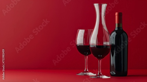 Decanter, glass and bottle with red wine on color background, flat lay. Space for text