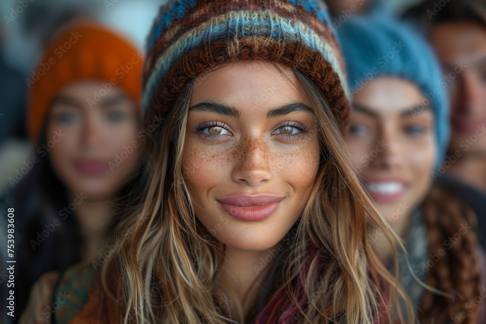 Warm close-up of a smiling young woman in knitwear with a blurred crowd in the background Warm close-up of a smiling young woman in knitwear with a blurred crowd in the background