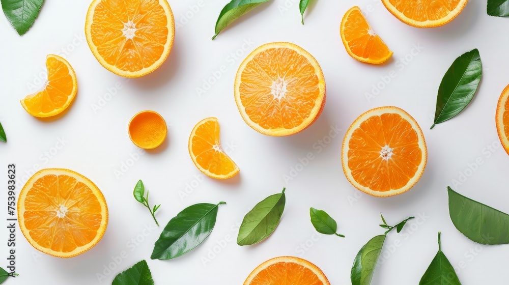 Fresh orange citrus fruit with leaves on white background. Juicy and sweet and renowned for its concentration of vitamin C Fresh orange citrus fruit with leaves on white background. Juicy and sweet and renowned for its concentration of vitamin C