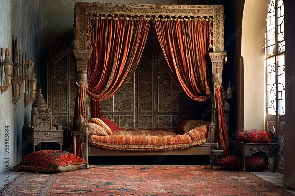 Fototapeta premium Handmade Rugs and Textiles: Exotic Moroccan Bedroom Inspirations