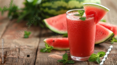 Healthy watermelon smoothie on a wood table.