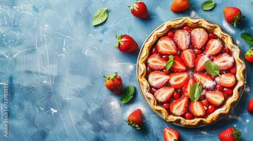 Homemade strawberry pie tart cake sweet baked pastry food on blue table background photo
