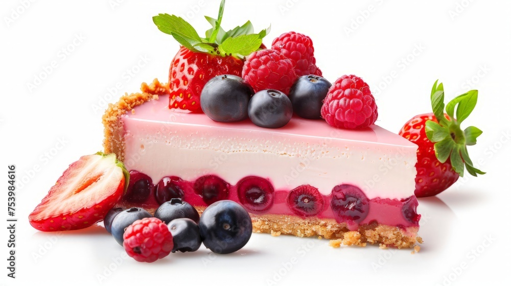 strawberry cheesecake and fresh berries isolated on white background strawberry cheesecake and fresh berries isolated on white background