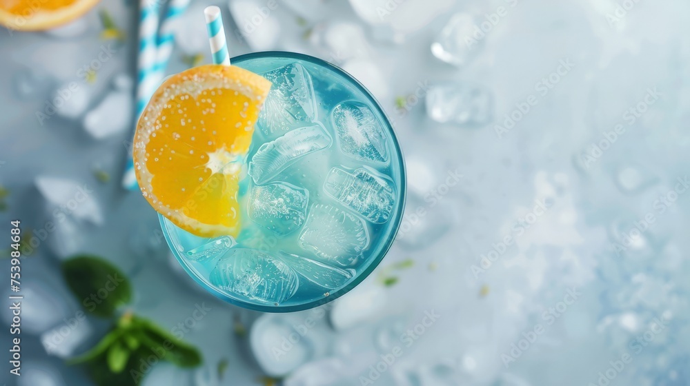 Tasty Blue Lagoon cocktail on light grey table, top view Tasty Blue Lagoon cocktail on light grey table, top view