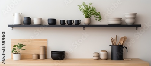 A wooden table in a modern light kitchen setting is adorned with various black and white cups. The simple and minimalist design of the cups contrasts with the sleek surroundings of the kitchen. © Vusal