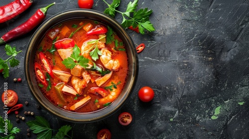 Tom Yum Kung, Thai spicy soup, the most popular Thai food, Asian food, Asian soup, the famous food of Thailand, top view