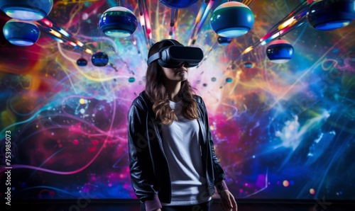 Students in a high-tech classroom are fully immersed in a virtual reality educational experience, with neon lights enhancing the futuristic vibe