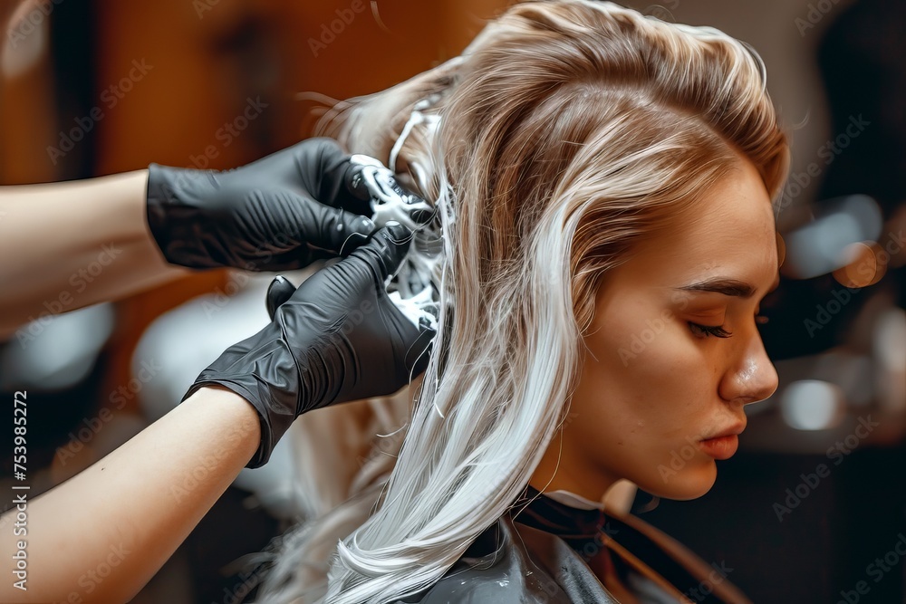Fototapeta premium Beautiful hairstyle of young woman after dyeing hair and making highlights in hair salon