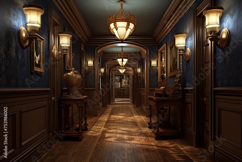 Victorian Heritage Hallway: Artwork, Light Fixtures, and Textures