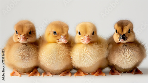 Fluffy yellow chicks and ducklings on white background.