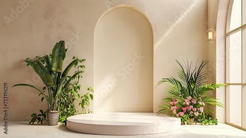 Realistic 3d render with podium  plant  flower  window  light for Ramadan or Eid sale offer and promotion empty display abstract background - generative ai