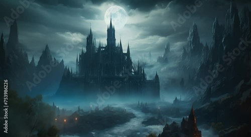 Gothic cathedral at night, moonlit architecture photo