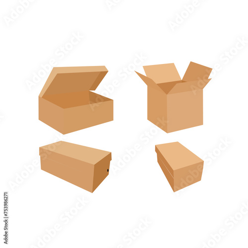 Four brown blank packaging boxes - open and closed mockup, isolated on white background. Vector illustration