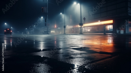 wet asphalt road, reflection of neon lights and fog, dark empty street at night, cinematic coloring © Samantha Rigo