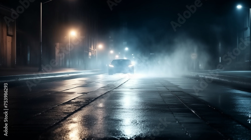 wet asphalt road, reflection of neon lights and fog, dark empty street at night, cinematic coloring