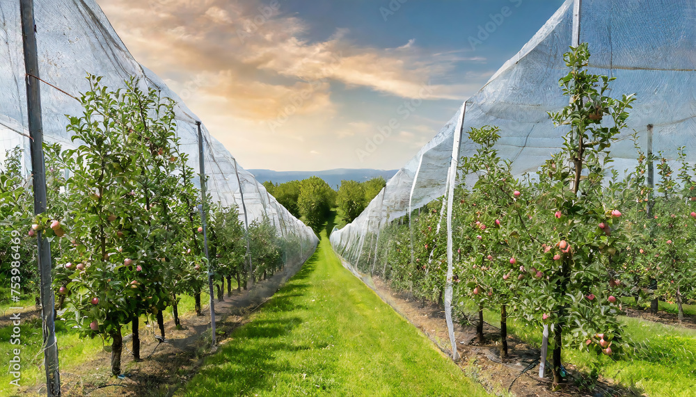 Well organized fruit orchard with apple trees in rows covered with special net - obrazy, fototapety, plakaty 