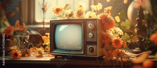 A television is covered with flowers and leaves so it looks antique