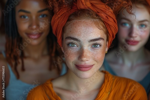 Close-up of a woman with freckles standing with two blurred friends © svastix
