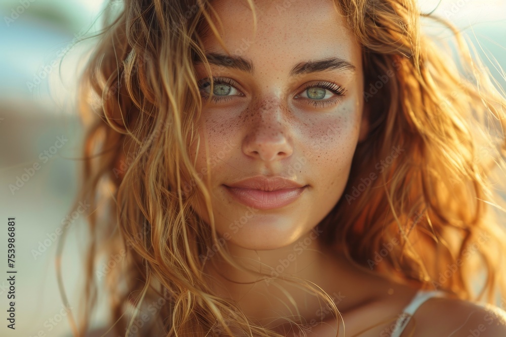 Sunlit close-up of a young woman showcasing her freckles and captivating gaze, with the warmth of natural sunlight Sunlit close-up of a young woman showcasing her freckles and captivating gaze, with the warmth of natural sunlight