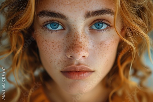 A stunning portrait focusing on a young female's intense blue eyes and beautiful freckles, embodying natural beauty