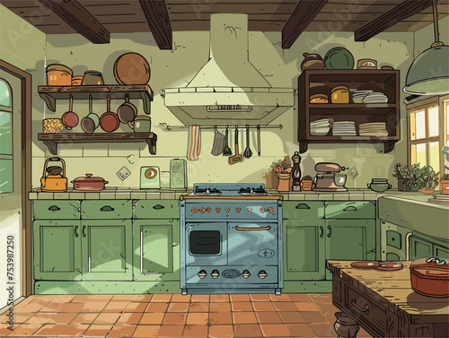 Kitchen with green cabinetry, blue gas stove, and wood countertop in a house