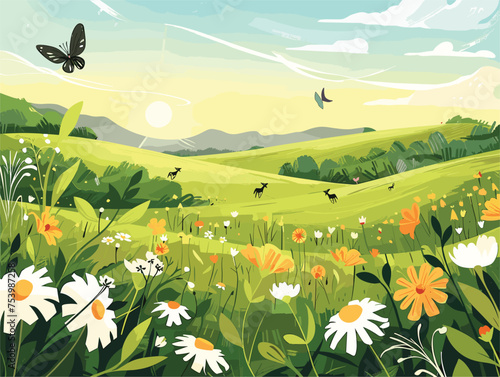 Butterfly glides over blooming flowers in a green natural landscape