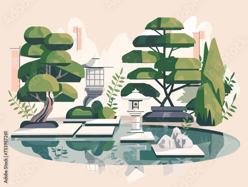 Artistic urban design of a Japanese garden with trees, pond, and flowerpots