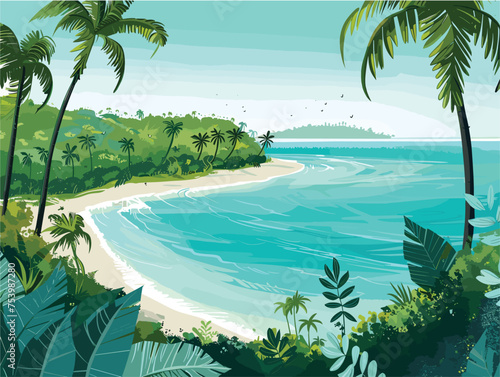 A natural landscape with palm trees, water body, and clear blue sky