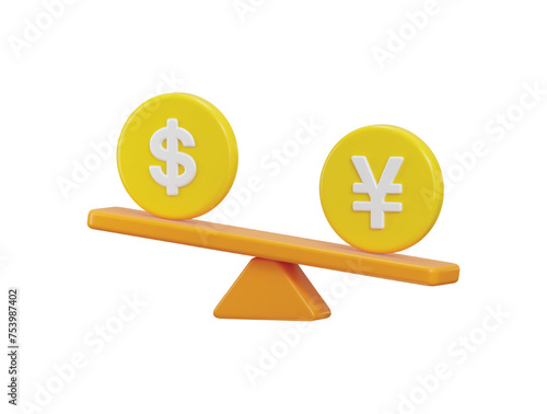 yen and dollar symbol on balance scale icon, currency comparison financial icon 3d render